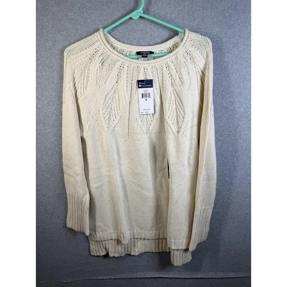 Chaps Sweater Womens Medium Cream White Open Knit Crew Neck Tunic Pullover‎